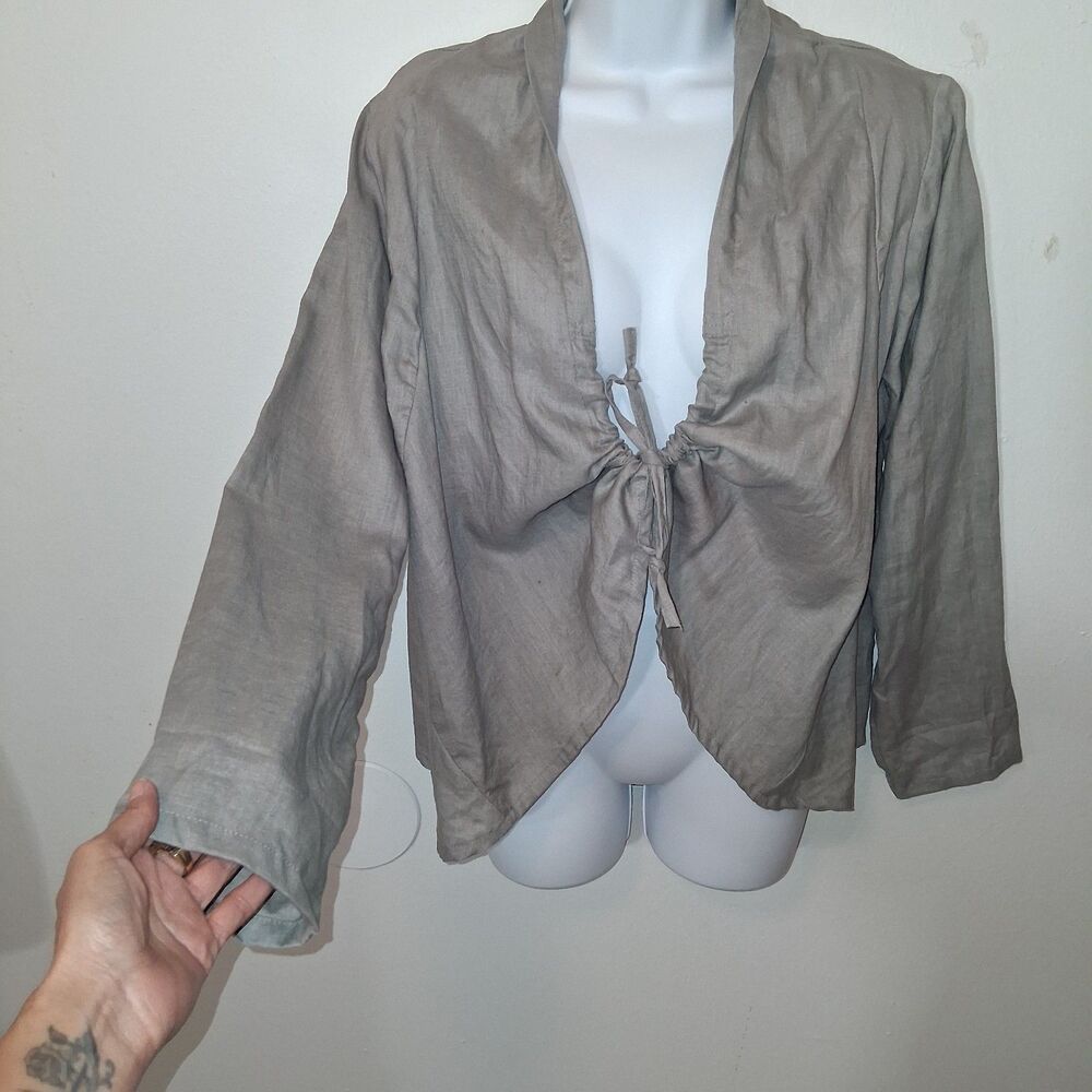 100% Linen Tie Long Sleeve Top Sz Xs Oversized Rustic Lagenlook Earthy Granola
